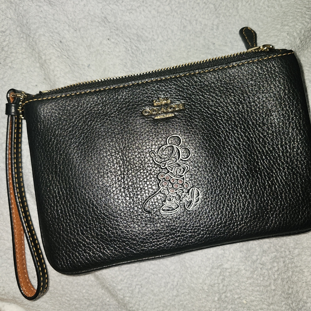 Coach Black Leather Wristlet with Mickey Mouse Design